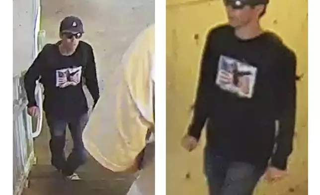 This undated combination of images provided provided by the Federal Bureau of Investigation shows a person of interest in connection with the fatal shooting of Charlie Kirk at Utah Valley University on Wednesday, Sept. 10, 2025, in Orem, Utah. (Federal Bureau of Investigation via AP)
