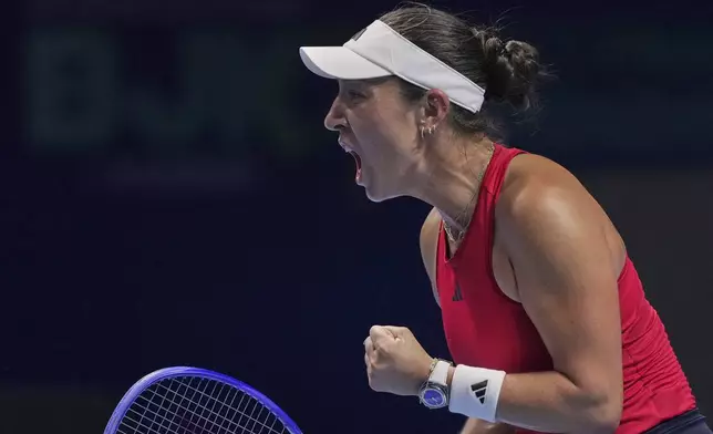 Jessica Pegula, of the United States celebrates after defeating Katie Boulter, of Britain in the Billie Jean King Cup semifinals tennis match, at the Shenzhen Bay Sports Center Arena, in Shenzhen, China's Guangdong province, Saturday, Sept. 20, 2025. (AP Photo/Andy Wong)