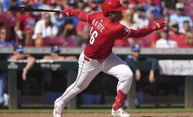 Cincinnati Reds' Noelvi Marte follows through after hitting a walkoff two-run single in the ninth inning of a baseball game against the Toronto Blue Jays, Monday, Sept. 1, 2025, in Cincinnati. (AP Photo/Kareem Elgazzar)