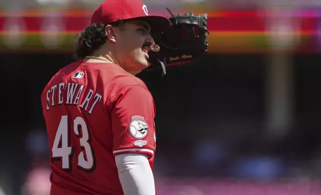 Cincinnati Reds' Sal Stewart, who is making his major league debut, looks at the scoreboard in the second inning of a baseball game against the Toronto Blue Jays, Monday, Sept. 1, 2025, in Cincinnati. (AP Photo/Kareem Elgazzar)