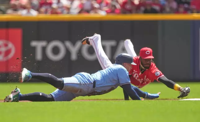 Cincinnati Reds' Elly De La Cruz, right, dives to tap second base before Toronto Blue Jays' George Springer, left, dives back safely to complete a double play in the first inning of a baseball game Monday, Sept. 1, 2025, in Cincinnati. (AP Photo/Kareem Elgazzar)