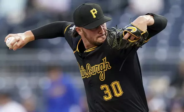 Pittsburgh Pirates pitcher Paul Skenes delivers during the first inning of a baseball game against the Los Angeles Dodgers, Thursday, Sept. 4, 2025, in Pittsburgh. (AP Photo/Matt Freed)