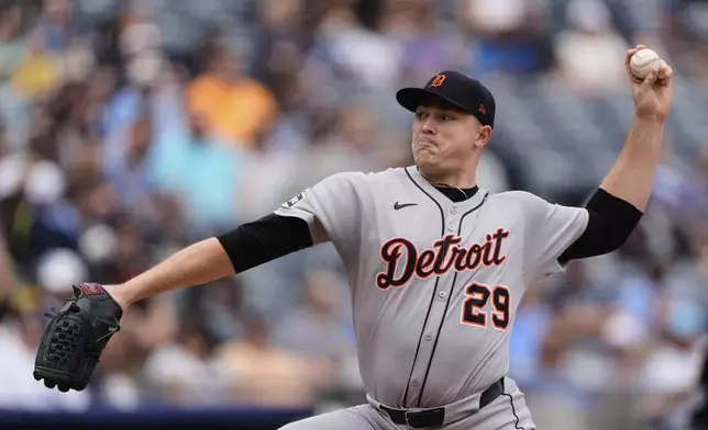 Detroit Tigers starting pitcher Tarik Skubal throws during the first inning of a baseball game against the Kansas City Royals, Sunday, Aug. 31, 2025, in Kansas City, Mo. (AP Photo/Charlie Riedel)