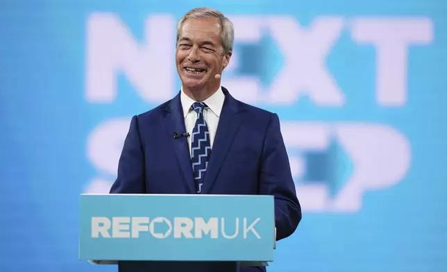 British Reform UK party leader Nigel Farage speaks during the party's annual conference at the National Exhibition Centre in Birmingham, England, Friday Sept. 5, 2025. (Jacob King/PA Wire/PA via AP)
