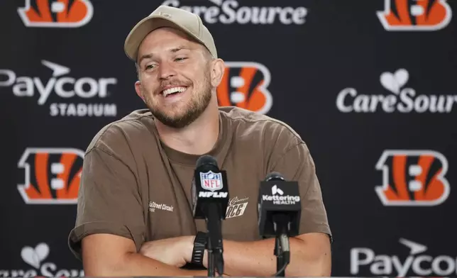 Cincinnati Bengals quarterback Jake Browning answers questions after an NFL football game against the Jacksonville Jaguars, Sunday, Sept. 14, 2025, in Cincinnati. (AP Photo/Jeff Dean)