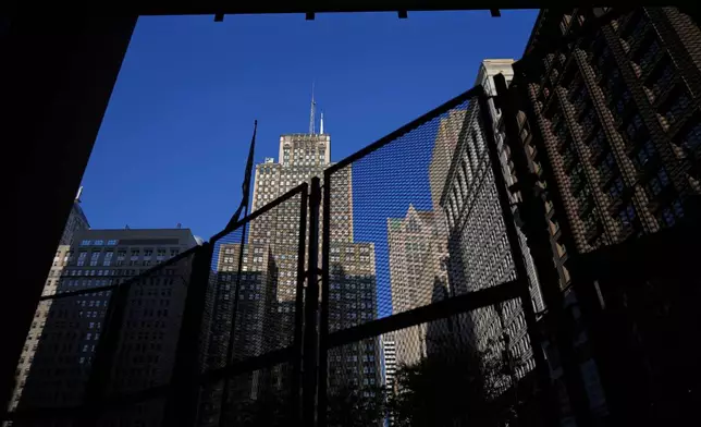 Security barriers are seen at the Everett McKinley Dirksen United States Courthouse, Monday, Sept. 8, 2025, in Chicago. (AP Photo/Carolyn Kaster)