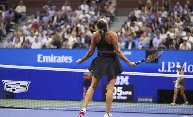 Aryna Sabalenka, of Belarus, reacts after defeating Jessica Pegula, of the United States, during the women's singles semifinals of the U.S. Open tennis championships, Thursday, Sept. 4, 2025, in New York. (AP Photo/Kirsty Wigglesworth)