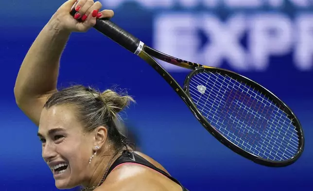 Aryna Sabalenka, of Belarus, returns a shot to Jessica Pegula, of the United States, during the women's singles semifinals of the U.S. Open tennis championships, Thursday, Sept. 4, 2025, in New York. (AP Photo/Frank Franklin)
