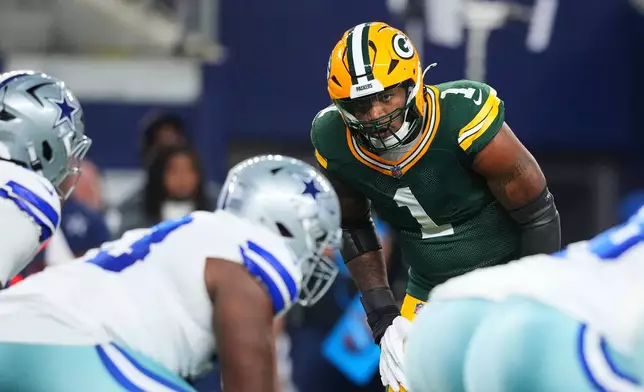 Green Bay Packers defensive end Micah Parsons lines up against the Dallas Cowboys during the first half of an NFL football game Sunday, Sept. 28, 2025, in Arlington, Texas. (AP Photo/Julio Cortez)