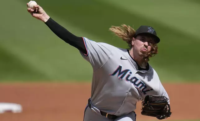 Miami Marlins starting pitcher Lake Bachar throws to the Washington Nationals during the second inning of a baseball game at Nationals Park, Monday, Sept. 1, 2025, in Washington. (AP Photo/Jess Rapfogel)