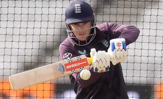 England's Harry Brook practices during a nets session at Headingley, Leeds, England, Monday Sept. 1, 2025. (Danny Lawson/PA via AP)