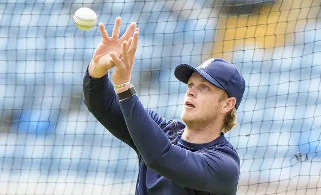 South Africa's Ryan Rickelton practices during a nets session at Headingley, Leeds, England, Monday Sept. 1, 2025. (Danny Lawson/PA via AP)