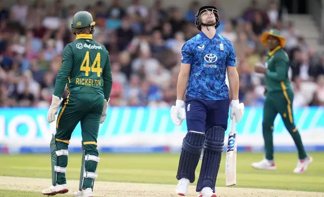 England's Will Jacks walks off after being dismissed during the One Day International Series cricket match between England and South Africa at Headingley, Leeds, England, Tuesday, Sept. 2, 2025. (Danny Lawson/PA via AP)