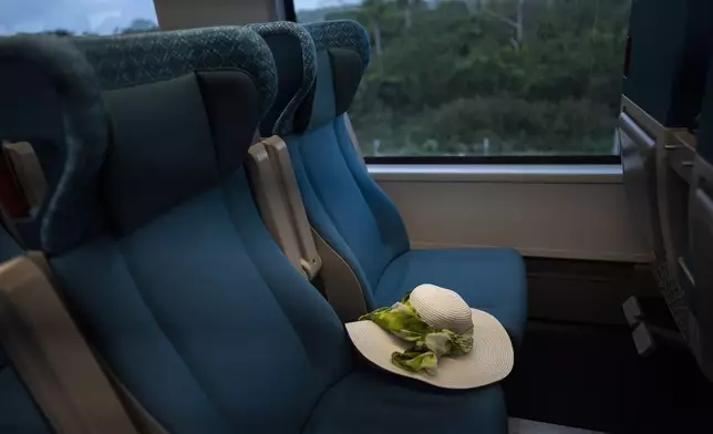 FILE PHOTO GALLERY - A passenger's hat rests on a seat of the Maya Train en route to Valladolid, Mexico, March 6, 2024. When it's completed, the high-speed Maya Train will wind around Mexico's southern Yucatan peninsula. (AP Photo/Rodrigo Abd)