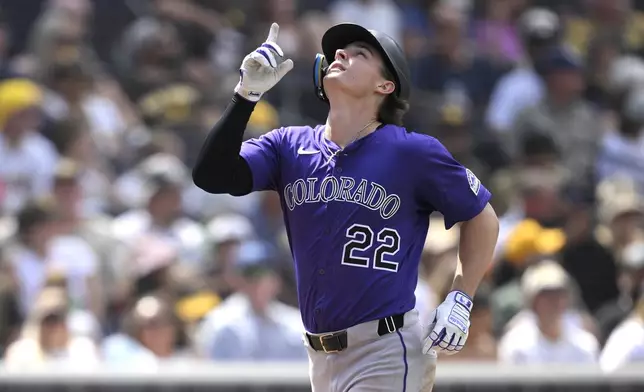 Colorado Rockies' Mickey Moniak celebrates after hitting a solo home run against the San Diego Padres during the fourth inning of a baseball game Sunday, Sept. 14, 2025, in San Diego. (AP Photo/Orlando Ramirez)