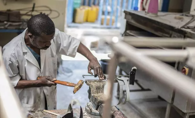 Protectics are manufactured by hand at an orthopedic center run by the Catholic church and supported by Red Cross in Goma, eastern Congo, Friday, Aug. 29, 2025. (AP Photo/Moses Sawasawa)