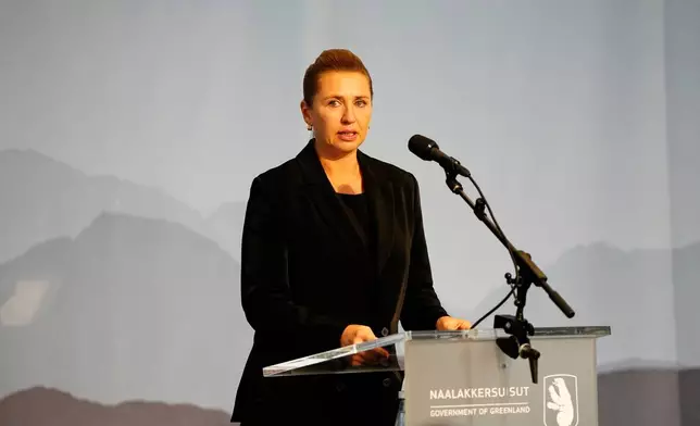 Denmark Prime Minister Mette Frederiksen talks during a meeting in the cultural house Katuaq in Nuuk, Greenland, Wednesday Sept. 24, 2025. (Mads Claus Rasmussen/Ritzau Scanpix via AP)