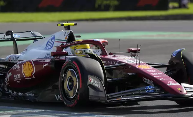 Ferrari driver Lewis Hamilton of Britain steers his car during the qualifying session ahead of the Italian Grand Prix at the Monza racetrack in Monza, Italy, Saturday, Sept. 6, 2025. (AP Photo/Luca Bruno)