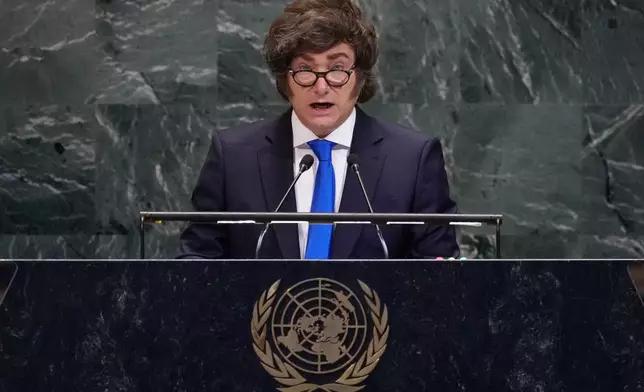 Argentina President Javier Milei addresses the 80th session of the United Nations General Assembly, Wednesday, Sept. 24, 2025. (AP Photo/Richard Drew)