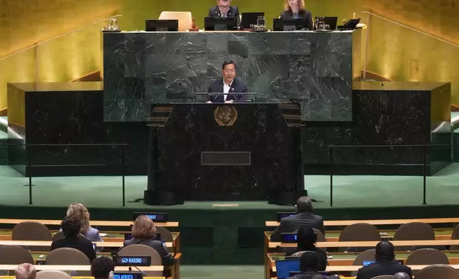Bolivia President Luis Alberto Arce Catacora addresses the 80th session of the United Nations General Assembly, Thursday, Sept. 25, 2025. (AP Photo/Richard Drew)