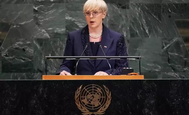 Slovenia President Natasa Pirc Musar addresses the 80th session of the United Nations General Assembly, Tuesday, Sept. 23, 2025. (AP Photo/Richard Drew)
