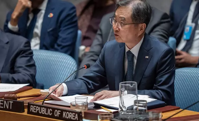 South Korean Foreign Minister Cho Hyun speaks during a Security Council meeting at the United Nations headquarters, Tuesday, Sept. 23, 2025. (AP Photo/Yuki Iwamura)