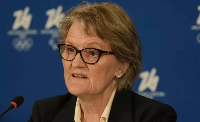 Kristin Kloster, President of the IOC Coordination Commission speaks during a news conference of the Organising Committee of the Olympic Winter Games Milano Cortina 2026, following the meeting of the IOC Coordination Commission, in Milan, Italy, Wednesday, Sept. 17, 2025. (AP Photo/Luca Bruno)