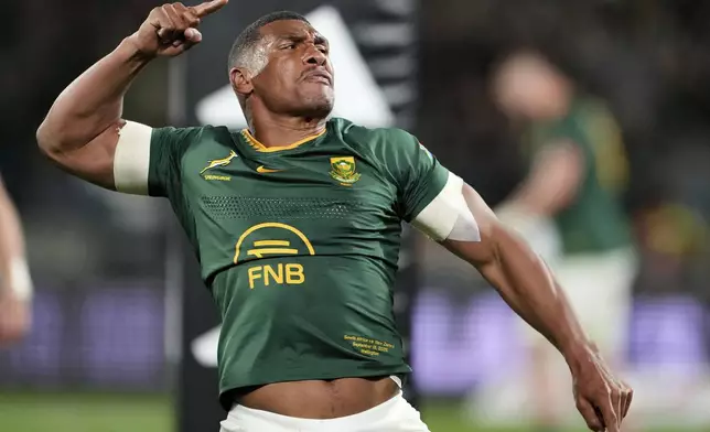 South Africa Damian Williamse celebrates after scoring a try during their Rugby Championship test match against New Zealand in Wellington, New Zealand, Saturday, Sept. 13, 2025. (AP Photo/Marty Melville)