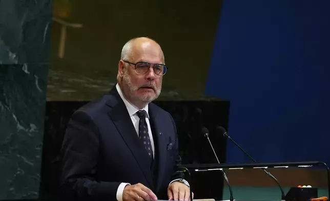Estonia President Alar Karis addresses the 80th session of the United Nations General Assembly, Wednesday, Sept. 24, 2025, at U.N. headquarters. (AP Photo/Heather Khalifa)