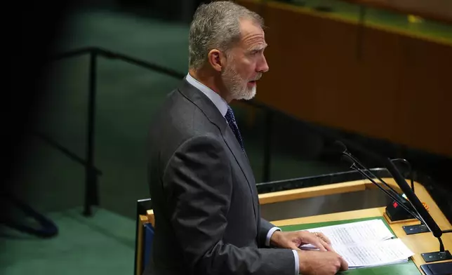King Felipe VI of Spain addresses the 80th session of the United Nations General Assembly, Wednesday, Sept. 24, 2025, at U.N. headquarters. (AP Photo/Heather Khalifa)