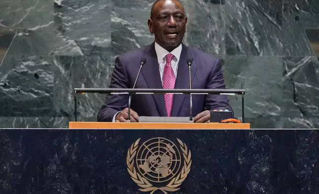Kenya President William Ruto addresses the 80th session of the United Nations General Assembly, Wednesday, Sept. 24, 2025. (AP Photo/Richard Drew)