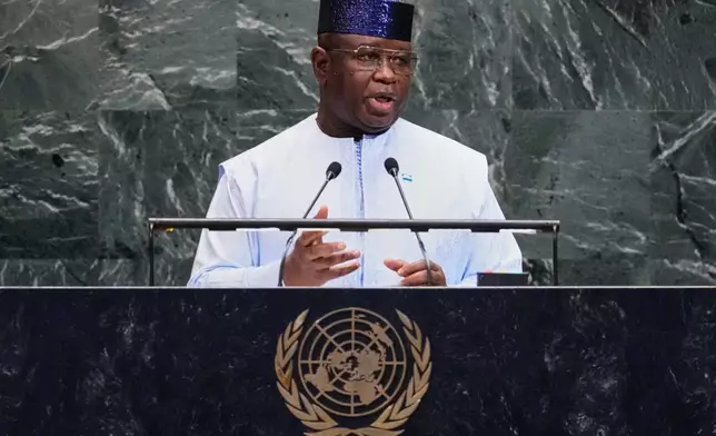 Sierra Leone President Julius Maada Bio addresses the 80th session of the United Nations General Assembly, Wednesday, Sept. 24, 2025. (AP Photo/Richard Drew)