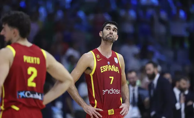 Spain's Santi Aldama reacts after his team's loss to Italy during the Eurobasket, European Basketball Championship Group C match between Spain and Italy at Spyros Kyprianou Arena, in Limassol, Cyprus, Tuesday, Sept. 2, 2025. (AP Photo/Chara Savvidou)