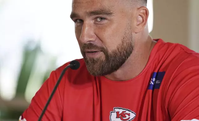 Kansas City Chiefs tight end Travis Kelce speaks during a press conference ahead of a NFL football game against Los Angeles Chargers, in Sao Paulo, Brazil, Thursday, Sept. 4, 2025. (AP Photo/Fernando Llano)