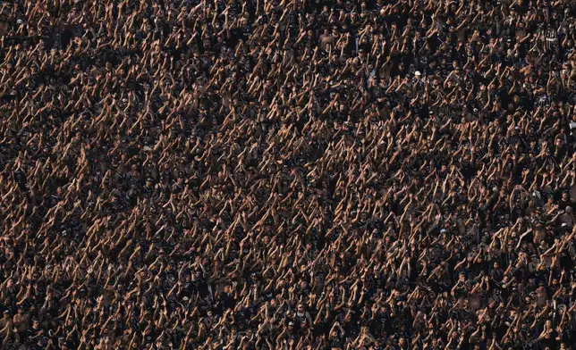 FILE - Corinthians soccer fans cheer in Neo Quimica arena during a Brazilian soccer league match between Corinthians and Flamengo in Sao Paulo, Brazil, Sept. 1, 2024. (AP Photo/Andre Penner, File)