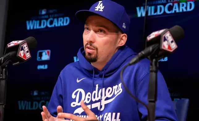 Los Angeles Dodgers starting pitcher Blake Snell speaks during a news conference prior to baseball practice Monday, Sept. 29, 2025, in Los Angeles ahead of the Wild Card Series between the Dodgers and the Cincinnati Reds. (AP Photo/Mark J. Terrill)
