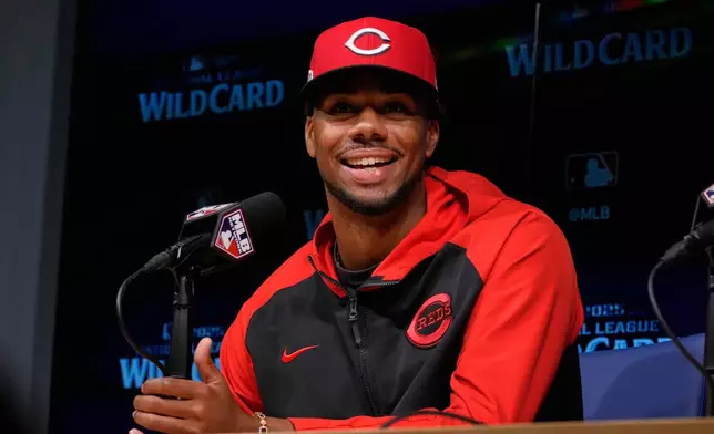 Cincinnati Reds starting pitcher Hunter Greene speaks during a news conference prior to baseball practice Monday, Sept. 29, 2025, in Los Angeles ahead of the Wild Card Series between the Los Angeles Dodgers and the Reds. (AP Photo/Mark J. Terrill)