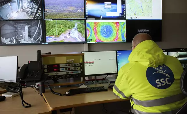 Mattias Abrahamsson, business development director for the science division, of the Esrange Space Center sits at a desk in Kiruna, Sweden, Tuesday, Aug. 19, 2025. (AP Photo/Malin Haarala)