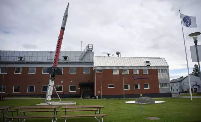 A rocket is placed outside the Esrange Space Center, a base deep in the Swedish forest and a part of Europe's hope to compete in the space race in Kiruna, Sweden, Tuesday, Aug. 19, 2025. (AP Photo/Malin Haarala)