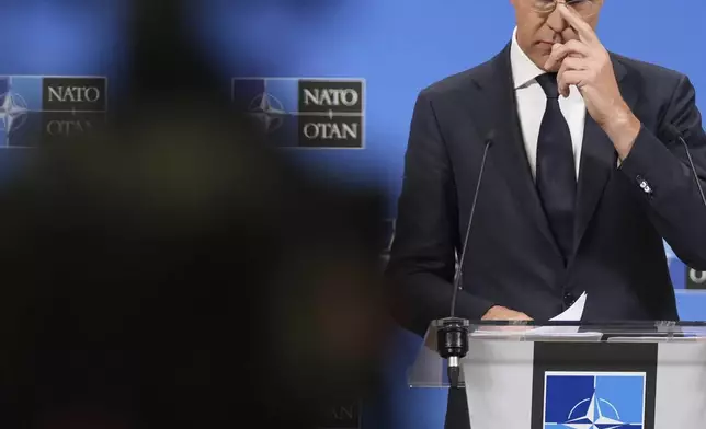 NATO Secretary General Mark Rutte speaks during a media conference at NATO headquarters in Brussels, Tuesday, Sept. 23, 2025. (AP Photo/Virginia Mayo)