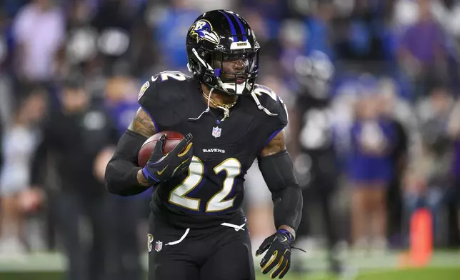 Baltimore Ravens running back Derrick Henry works out prior to an NFL football game against the Detroit Lions Monday, Sept. 22, 2025, in Baltimore. (AP Photo/Nick Wass)