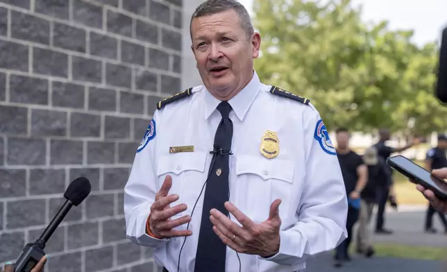 U.S. Capitol Police Chief Michael Sullivan speaks to reporters during a training exercise involving local and federal law enforcement, organized by the U.S. Capitol Police, at the U.S. Secret Service James J. Rowley Training Center Friday, Sept. 5, 2025, in Laurel, Md. (AP Photo/Mark Schiefelbein)