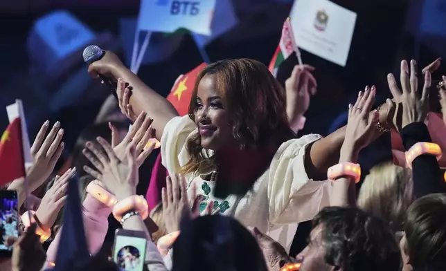 Ethiopia's Netsanet Sultan performs the song "Song of Love" at the International Music Competition "Intervision" at the Live Arena outside Moscow, Russia, Saturday, Sept. 20, 2025. (AP Photo/Alexander Zemlianichenko)