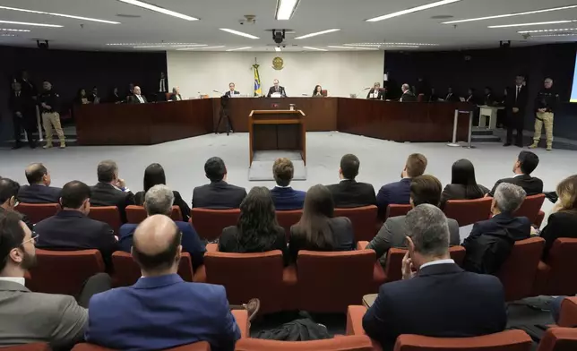 The Brazilian Supreme Court holds the verdict and sentencing phase of a trial for those charged in an alleged coup plot to keep Brazil's former President Jair Bolsonaro in office after his 2022 election defeat, in Brasilia, Brazil, Tuesday, Sept. 2, 2025. (AP Photo/Eraldo Peres)