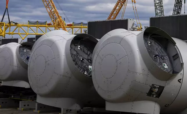 FILE - Wind turbine components sit at New London State Pier, April 16, 2025, in New London, Conn. (AP Photo/Julia Demaree Nikhinson, File)