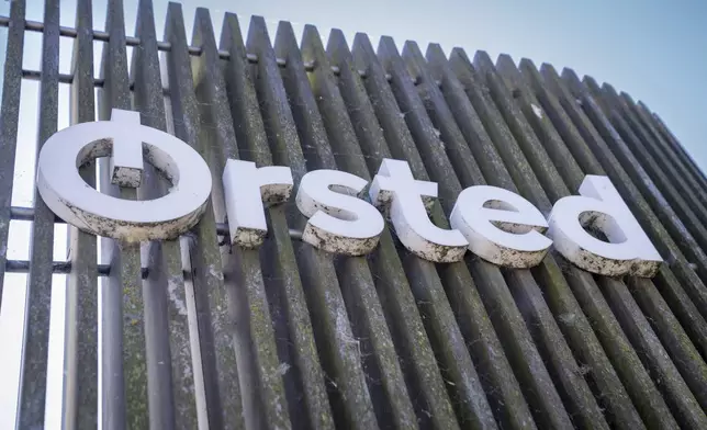 FILE - The logo for the Danish company Orsted is displayed on the exterior of the Avedore Power Station in Hvidovre, Copenhagen, Aug. 19, 2025. (Sebastian Elias Uth/Ritzau Scanpix via AP, File)