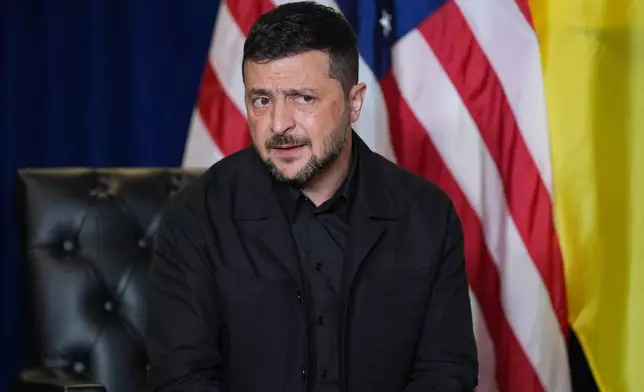 Ukrainian President Volodymyr Zelenskyy speaks while meeting with President Donald Trump meets during the United Nations General Assembly, Tuesday, Sept. 23, 2025, in New York. (AP Photo/Evan Vucci)
