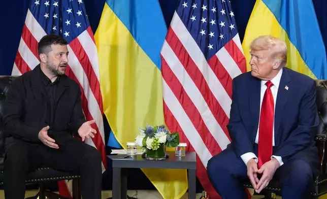 President Donald Trump meets with Ukrainian President Volodymyr Zelenskyy during the United Nations General Assembly, Tuesday, Sept. 23, 2025, in New York. (AP Photo/Evan Vucci)