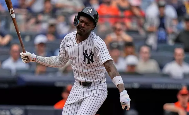 New York Yankees' Jazz Chisholm Jr. reacts after he is hit with a pitch during the fifth inning of a baseball game against the Baltimore Orioles Saturday, Sept. 27, 2025, in New York. (AP Photo/Frank Franklin II)