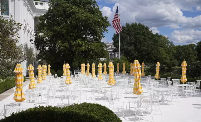 The Rose Garden of The White House is seen from the Colonnade Tuesday, Sept. 2, 2025, in Washington. (AP Photo/Mark Schiefelbein)